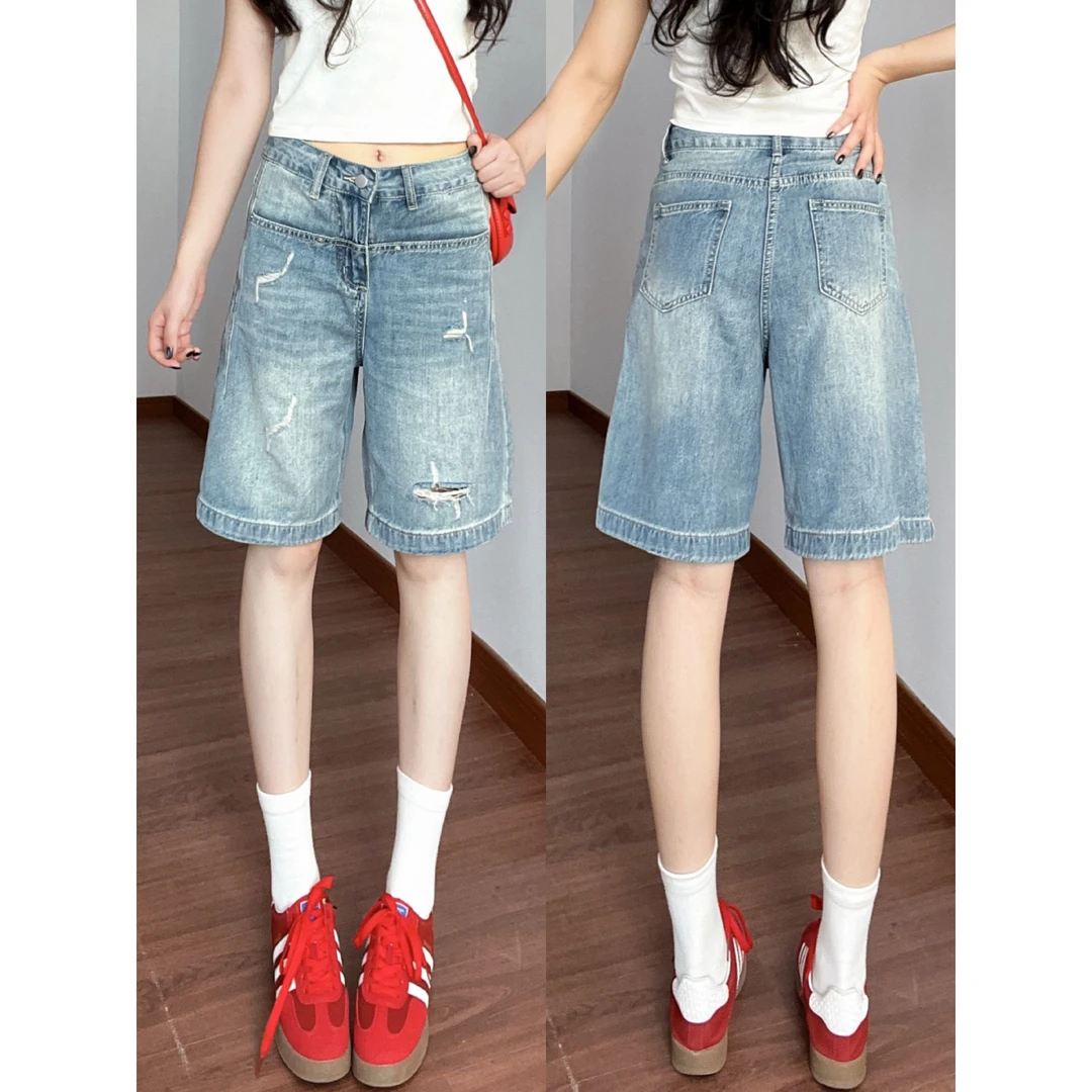 夏季热款浅蓝破洞薄款高腰无弹短裤休闲五分裤韩版薄款牛仔短裤
