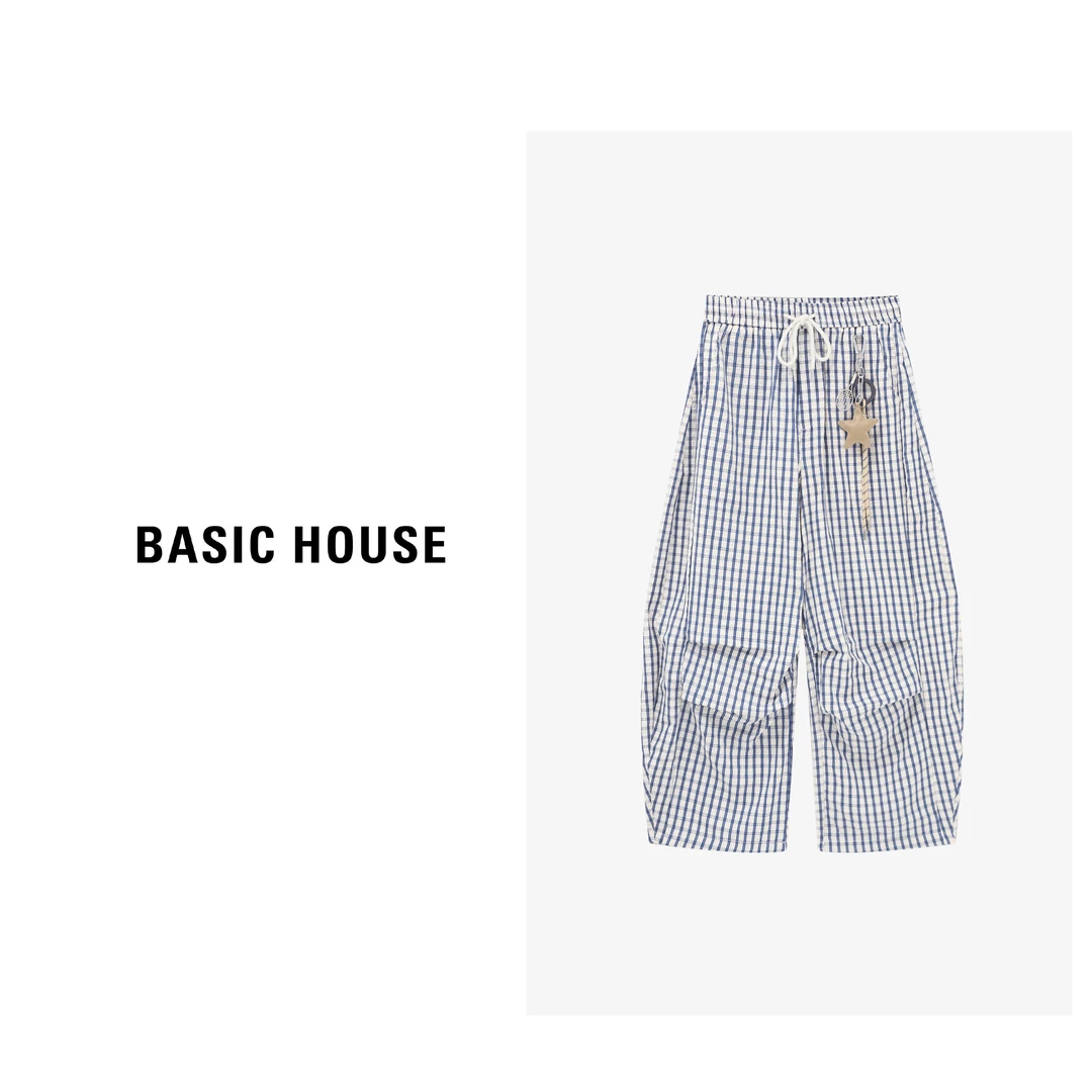 Basic House/百家好秋季宽松阔腿裤休闲百搭格子长裤-B0625B5GCV2