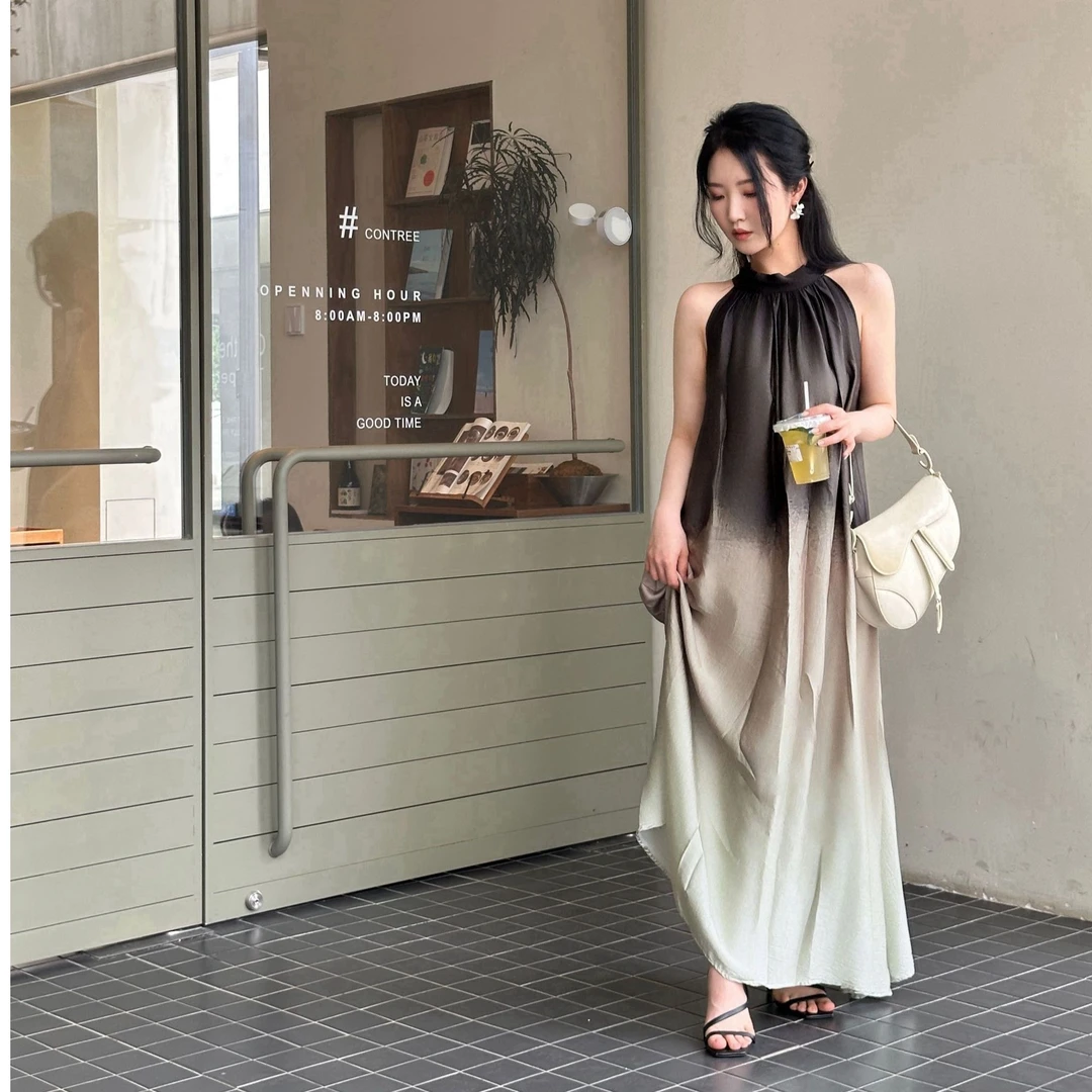 CHO&ZA【濡雨江南】气质宽松优雅国风渐变晕染挂脖垂感连衣裙CZ0011