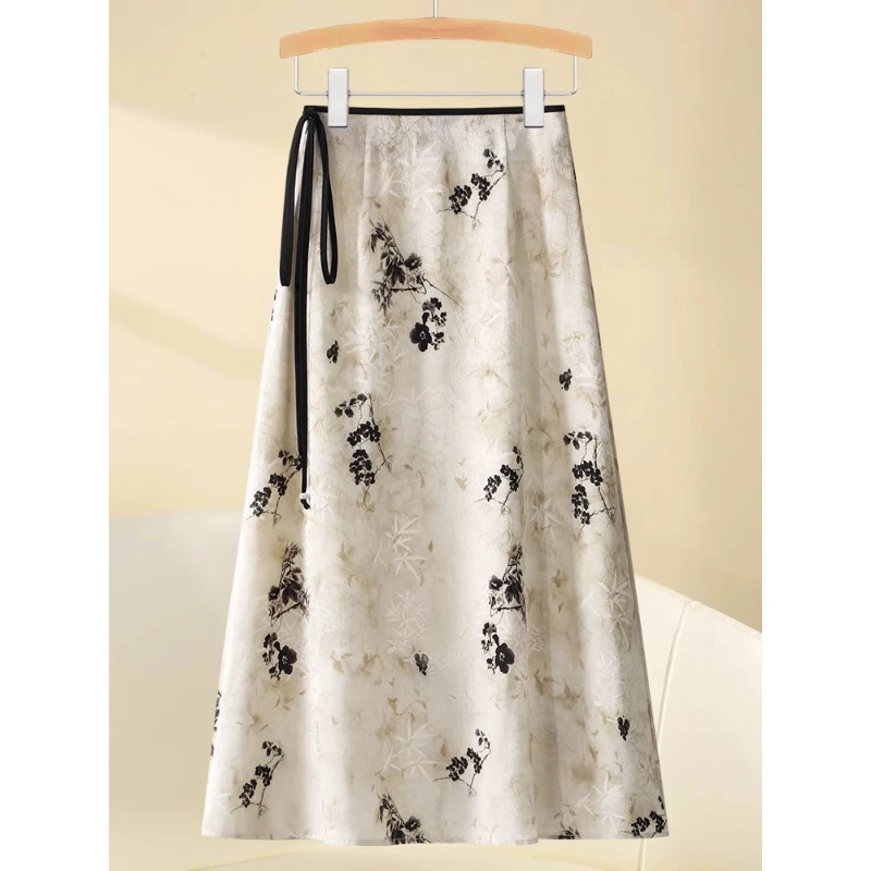 新中式醋酸缎面伞裙半身裙女夏季2025新款垂感显瘦印花国风a字裙