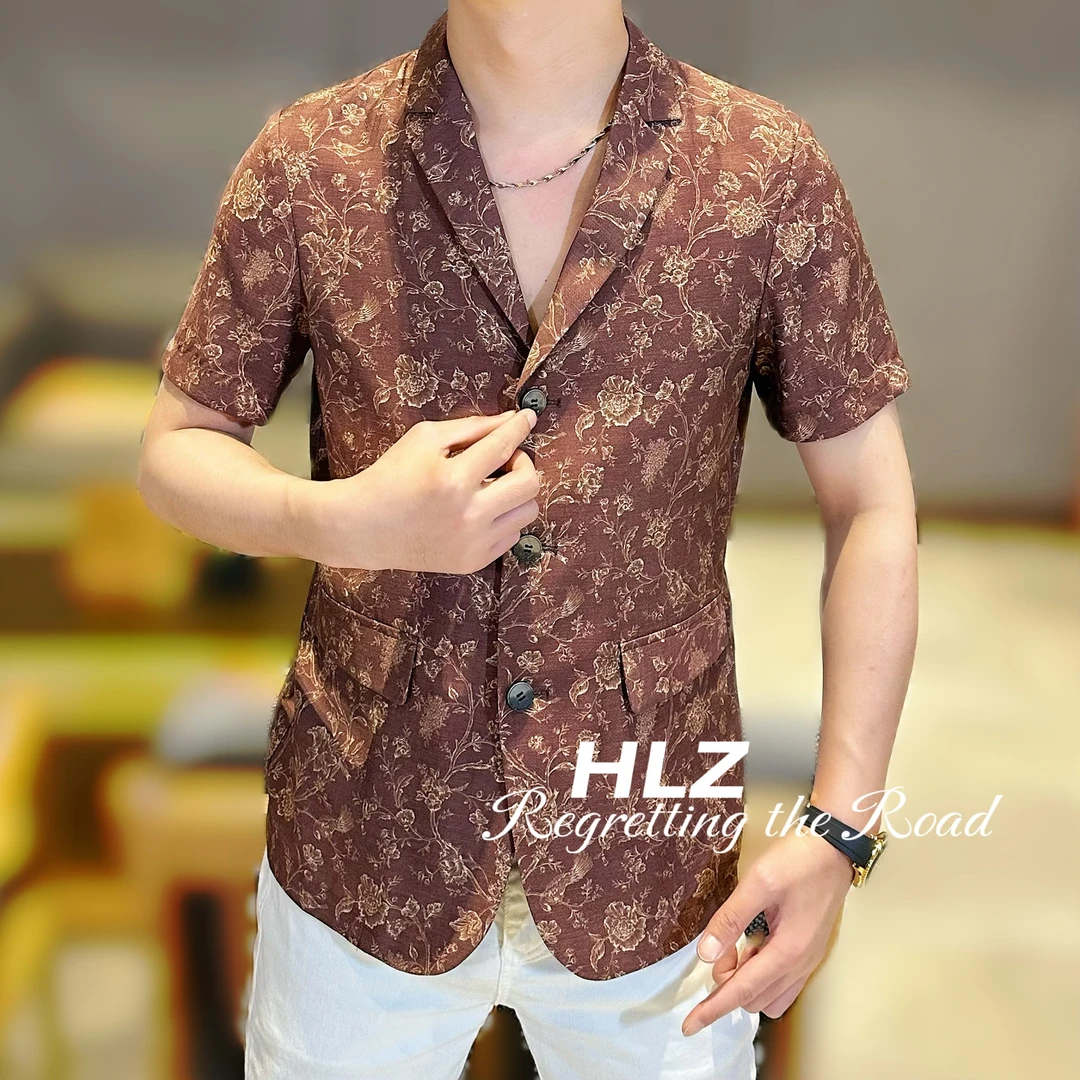 撼路者家男士2025夏季新款轻者时尚薄款修身个花朵印花短袖西装