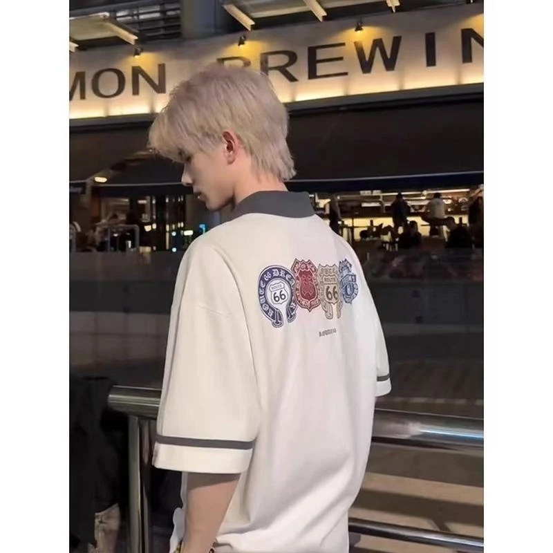 新款撞色徽章刺绣短袖男款夏季学院风半拉链polo衫少年感男生t恤