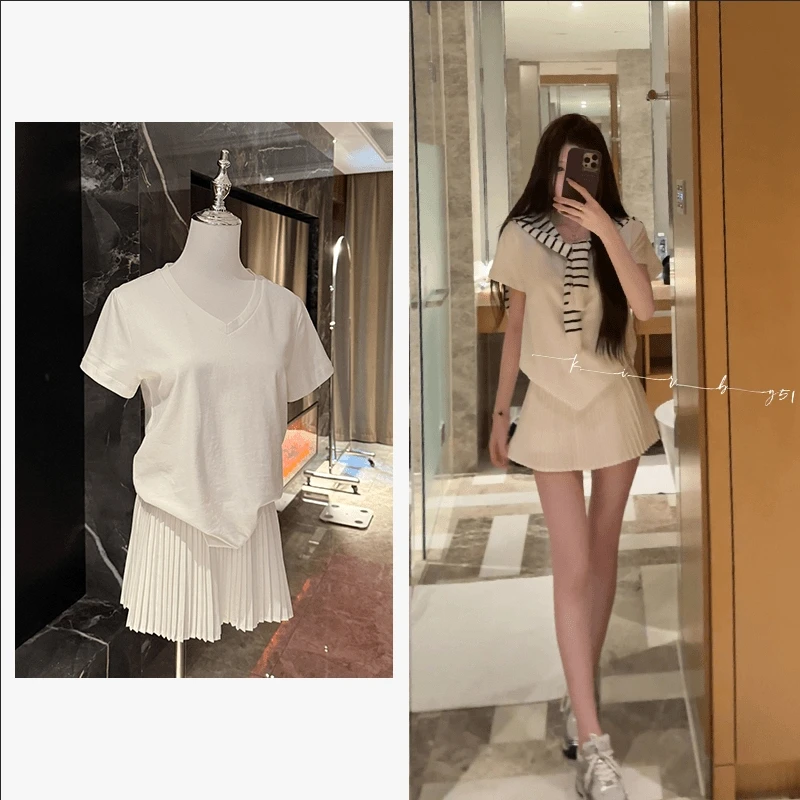 夏季套装女2025年新款韩系学院风穿搭减龄条纹披肩上衣短裙三件套