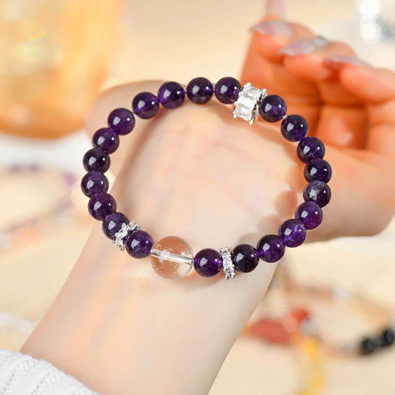 天然乌拉圭紫水晶白水晶手链原创时尚简约女士款手串饰品