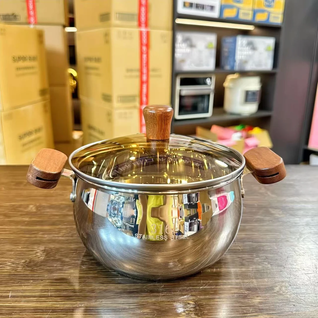 18cm小汤锅双耳防烫木柄不锈钢汤锅宝宝辅食锅煮汤锅电磁炉燃气用