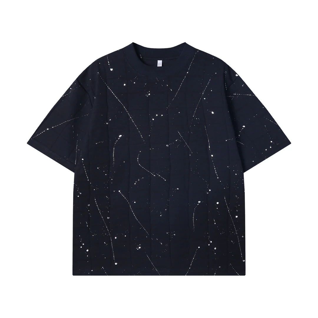 夏季高级感新款韩版简约格子泼墨圆领短袖T恤情侣宽松时尚上衣