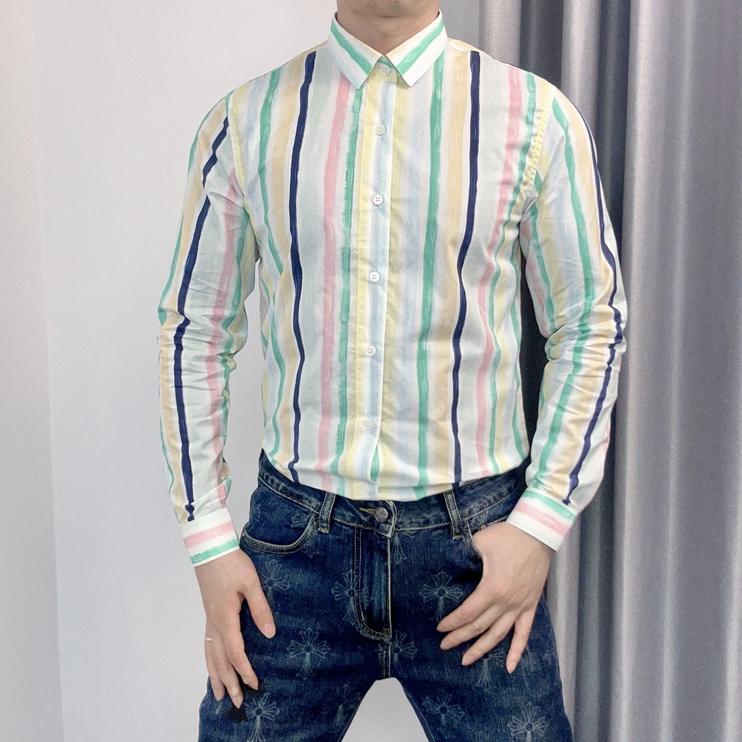 彩色竖条纹印花免烫衬衫男修身百搭潮流长袖衬衣轻奢男装显瘦上衣