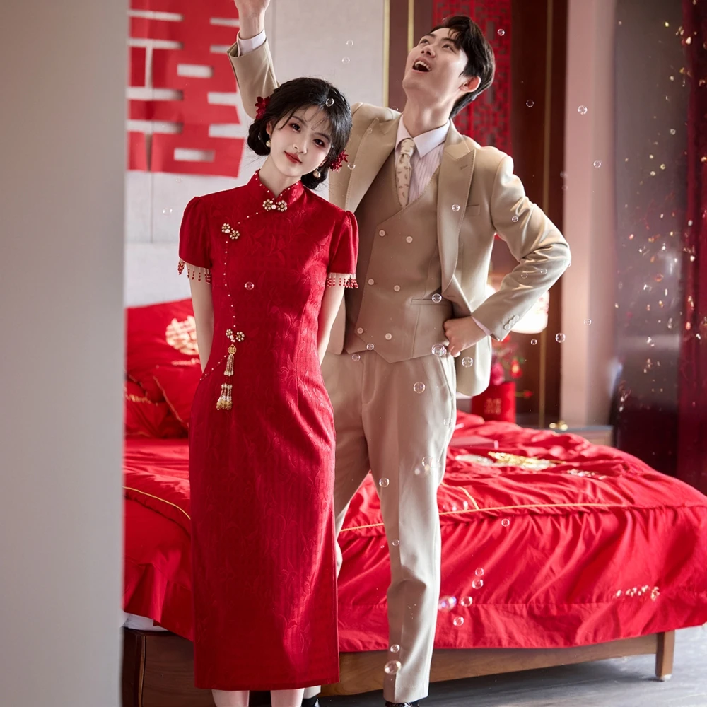 红色旗袍敬酒服新娘新中式订婚礼服裙结婚回门便装2025新款夏流苏