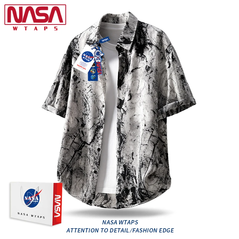 NASA WTAPS冰丝国风短袖衬衫男士夏季扎染款户外休闲潮流外穿衣服
