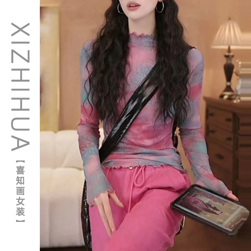 春季新款设计感小众扎染长袖T恤打底衫修身显瘦木耳边时髦上衣潮