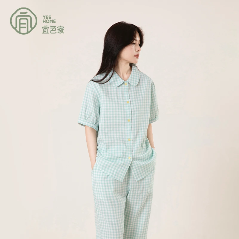 短袖格子睡衣女夏季纯棉双层纱薄款透气甜美可外穿情侣家居服套装