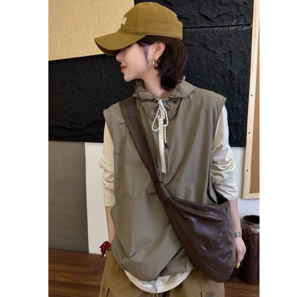 HY1987宽松休闲超薄春夏时尚带帽半开拉链上衣马甲小众复古百搭
