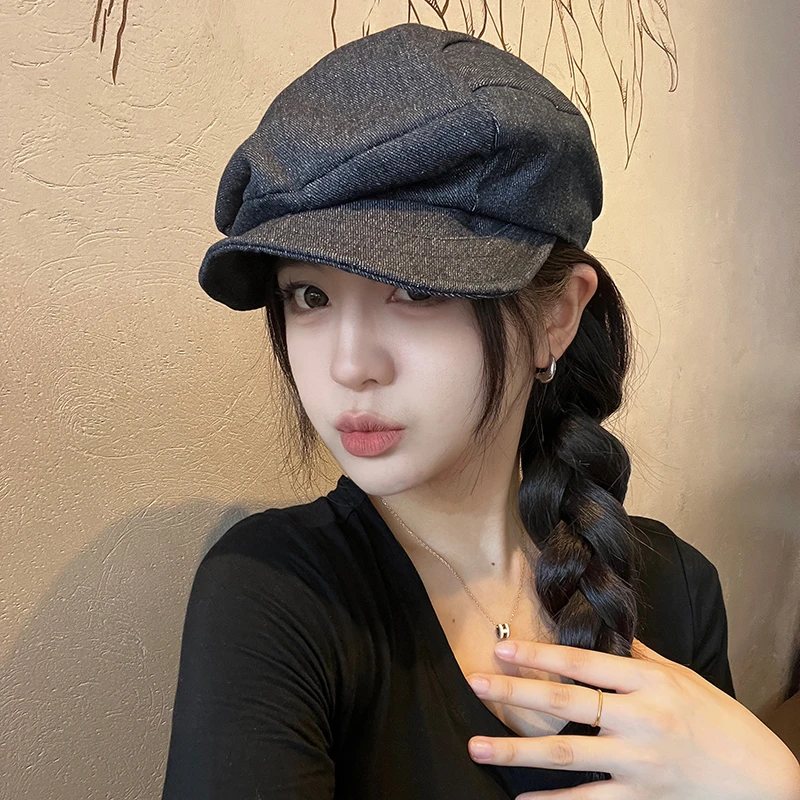 牛仔褶皱云朵贝雷帽女春夏季大头围复古黑色画家帽显脸小八角帽子