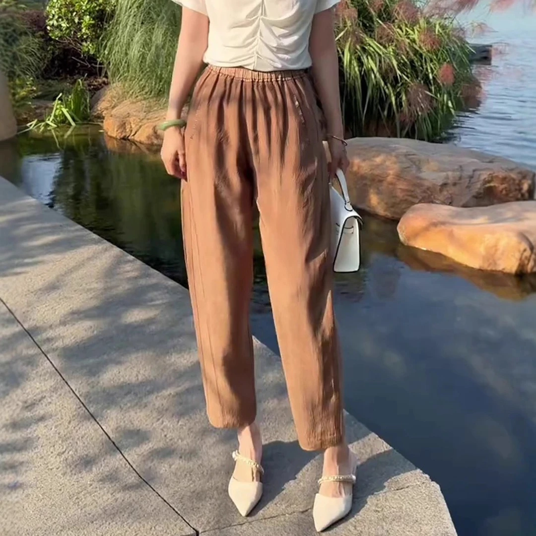 醋酸萝卜裤女夏季薄款2025新款烟管裤高腰显瘦梨型身材休闲哈伦裤