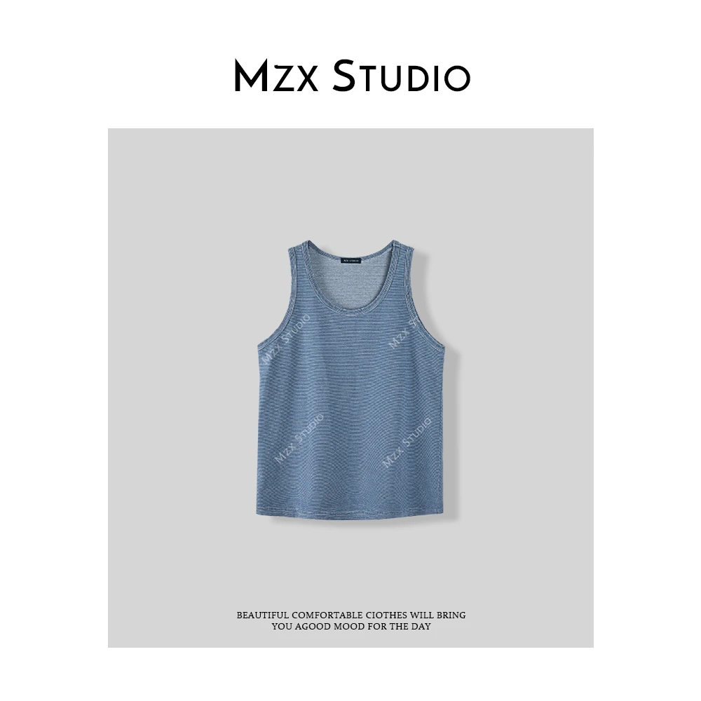 MZX 夏季复古牛仔色磨破细条纹背心BX7796-E