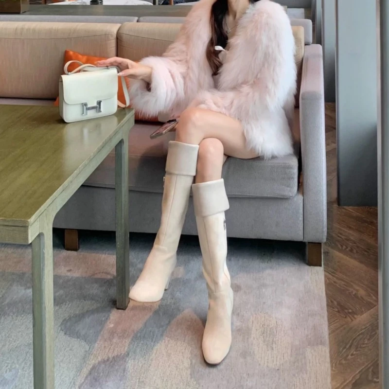 千金归来~韩款高跟长筒靴子女秋冬款瘦瘦靴温柔小圆头过膝长筒靴