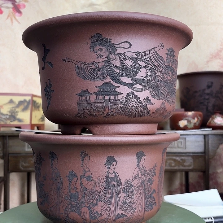 花盆紫砂刻绘十二钗+敦煌