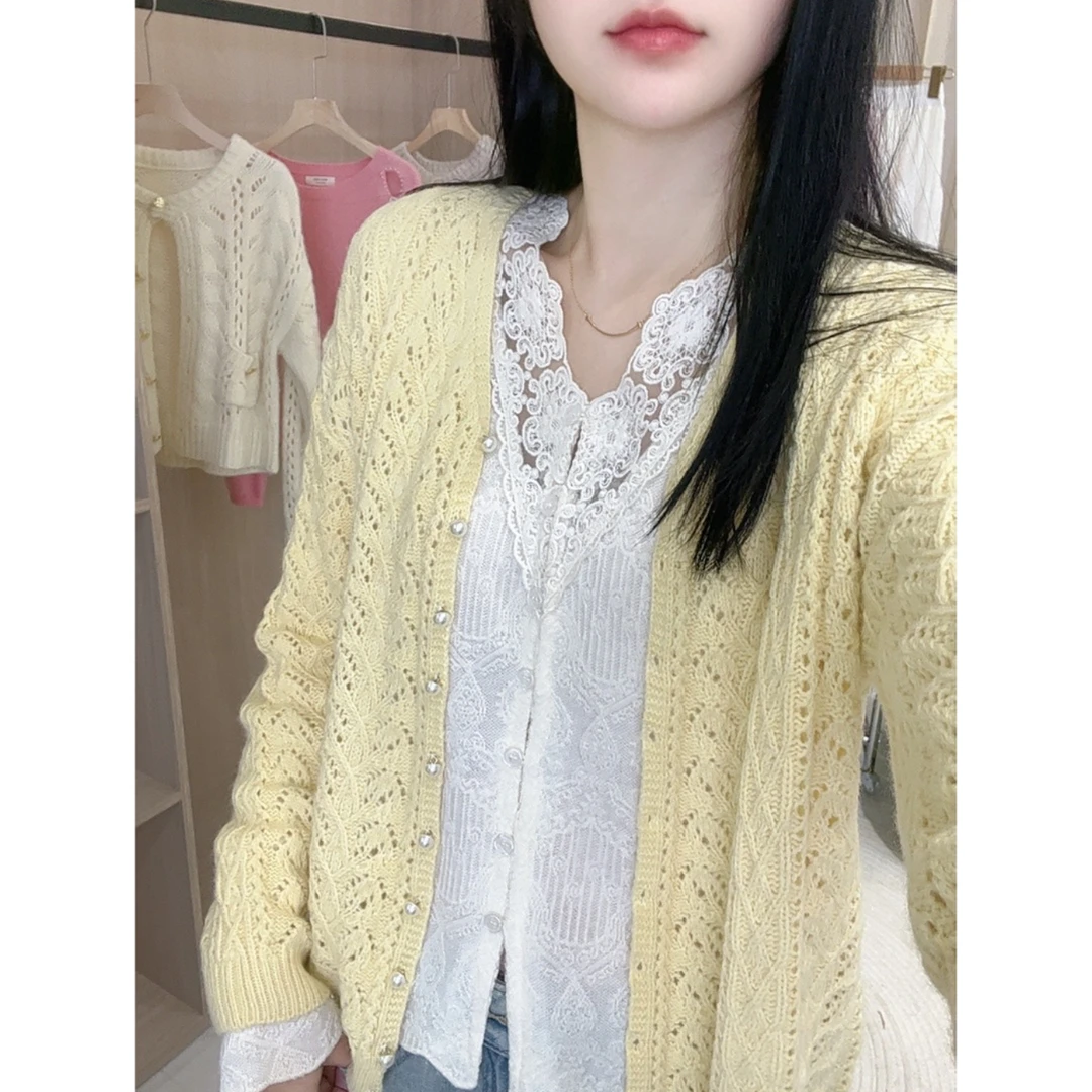 春款糖果色V领钩花纯色短款针织开衫百搭毛衣外套女甜美上衣