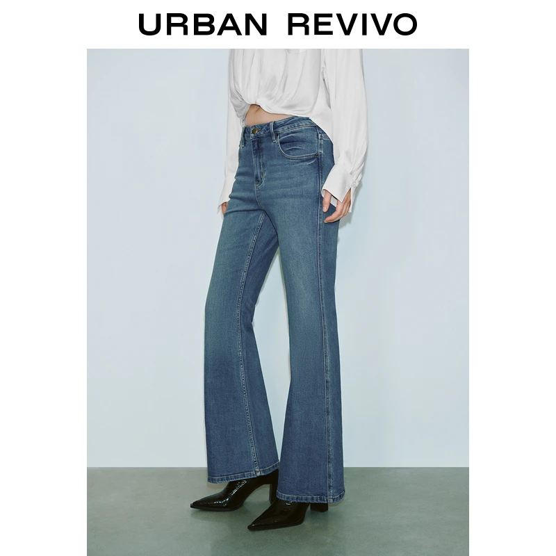 UR2025春季新款女装欧若风复古休闲修身喇叭牛仔长裤UWG850057