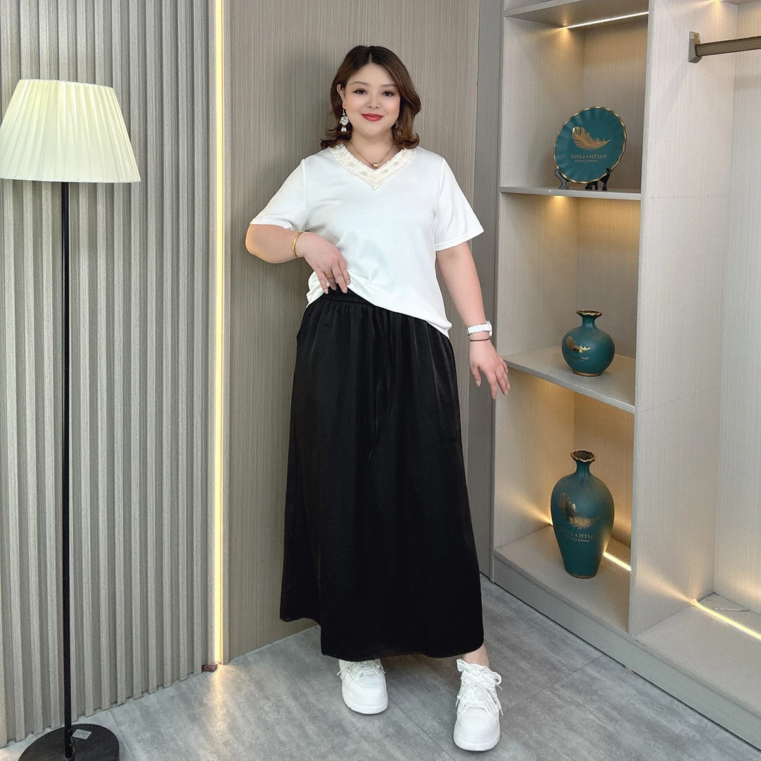 醋酸缎面冰丝高级感半身裙女夏大码胖mm松紧腰垂感开叉a字中长裙
