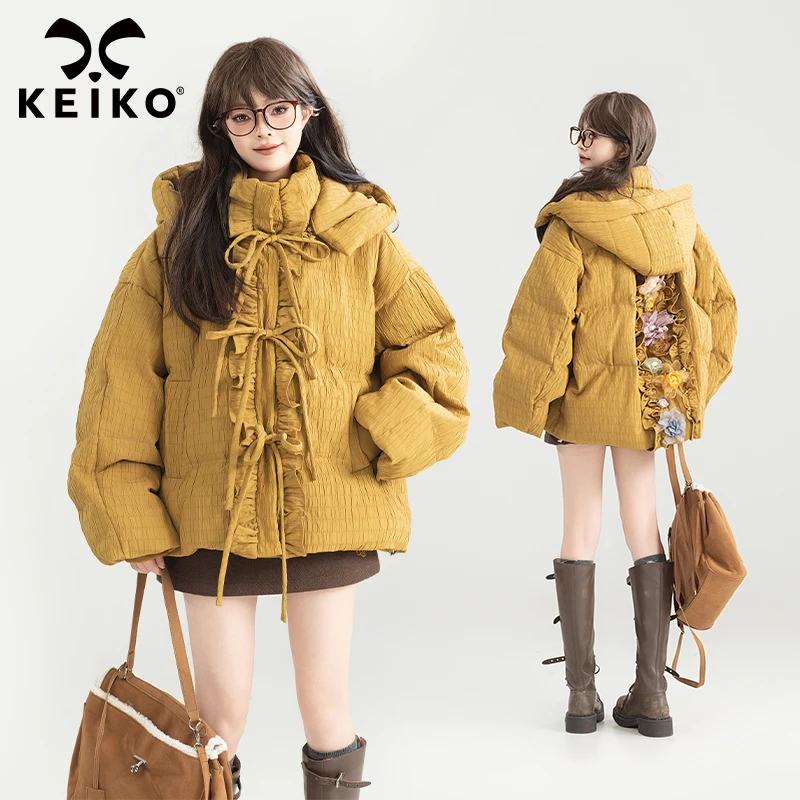 KEIKO [手工扎花]氛围感落叶黄棉服加厚冬季设计感立体绉布棉袄子