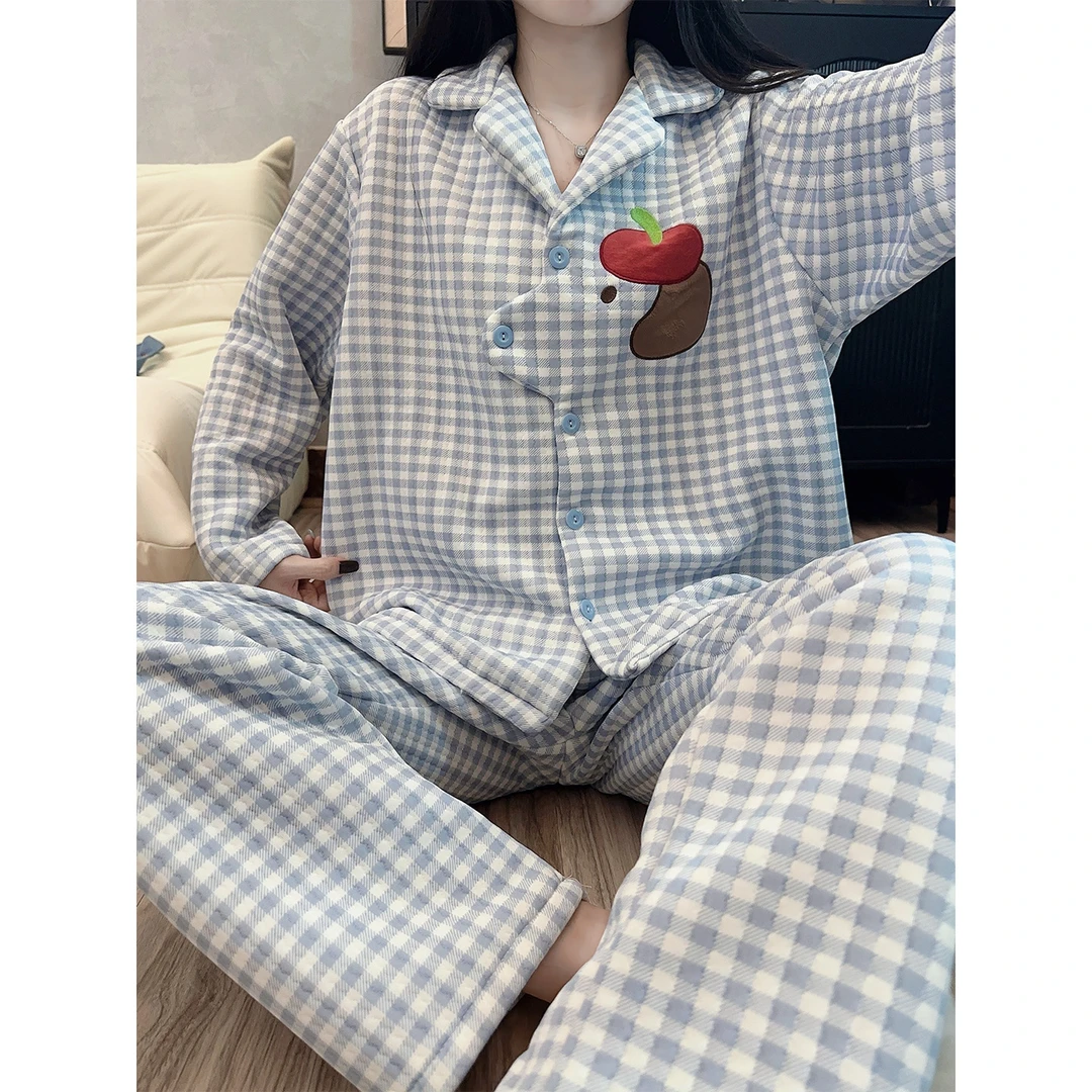 【蓝色格子】秋冬季睡衣女开衫夹层空气棉少女可外穿新款家居服套装