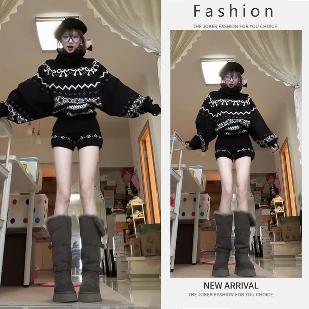 秋冬时尚小个子穿搭女复古费尔岛套头针织长袖百搭短裤两件套装潮