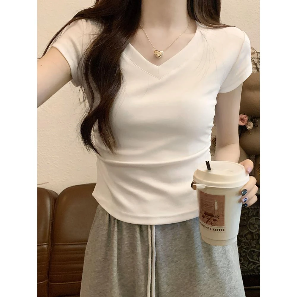 美式白色V领短袖正肩女T恤夏季设计感褶皱收腰显瘦小个子短款上衣