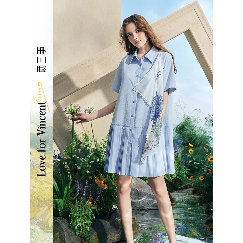 两三事梵高文艺清风自来2025夏季新款刺绣印花布拼接假两件连衣裙
