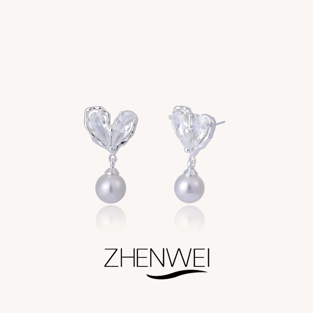 铜合金锆石耳饰 ZHENWEI/甄薇  法式轻奢爱心珠珠耳钉女小众高级