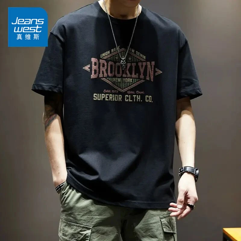 Jeanswest/真维斯重磅潮牌短袖男士夏季薄款宽松百搭圆领半袖T恤