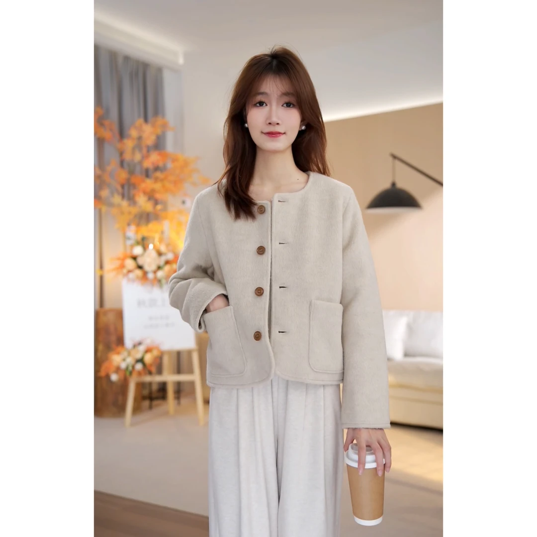 【现货】秋季新款休闲百搭纯色短款毛呢外套-2817