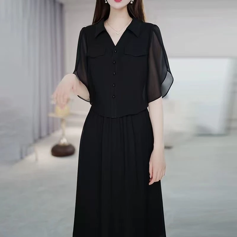 5415#设计感黑色优雅连衣裙2025夏季新款时尚高端假两件中长裙