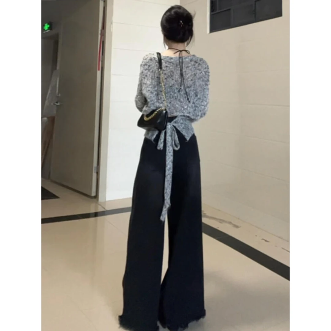 法式慵懒风长袖针织衫t恤女秋季设计感小众后背绑带镂空打底上衣