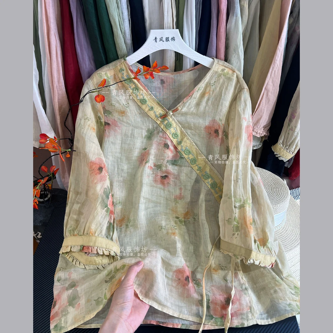 9261 系带碎花法式夏季花朵苎麻V领衬衫气质中国风上衣新中式女