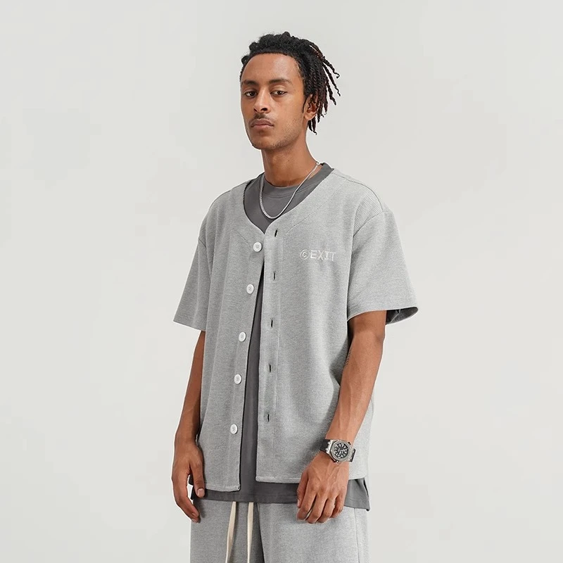 BLACK OF EXIT慵懒风华夫格复古棒球服短袖男女国潮高街半袖衬衫