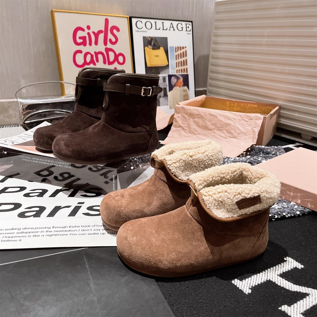 手工软皮羊羔毛两穿韩系勃肯靴雪地靴女2025冬新款羊毛保暖毛毛领
