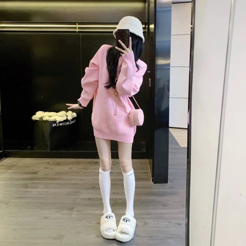 日常穿搭休闲针织中长款长袖蝴蝶结加厚宽松毛衣冬季百搭毛衣上衣