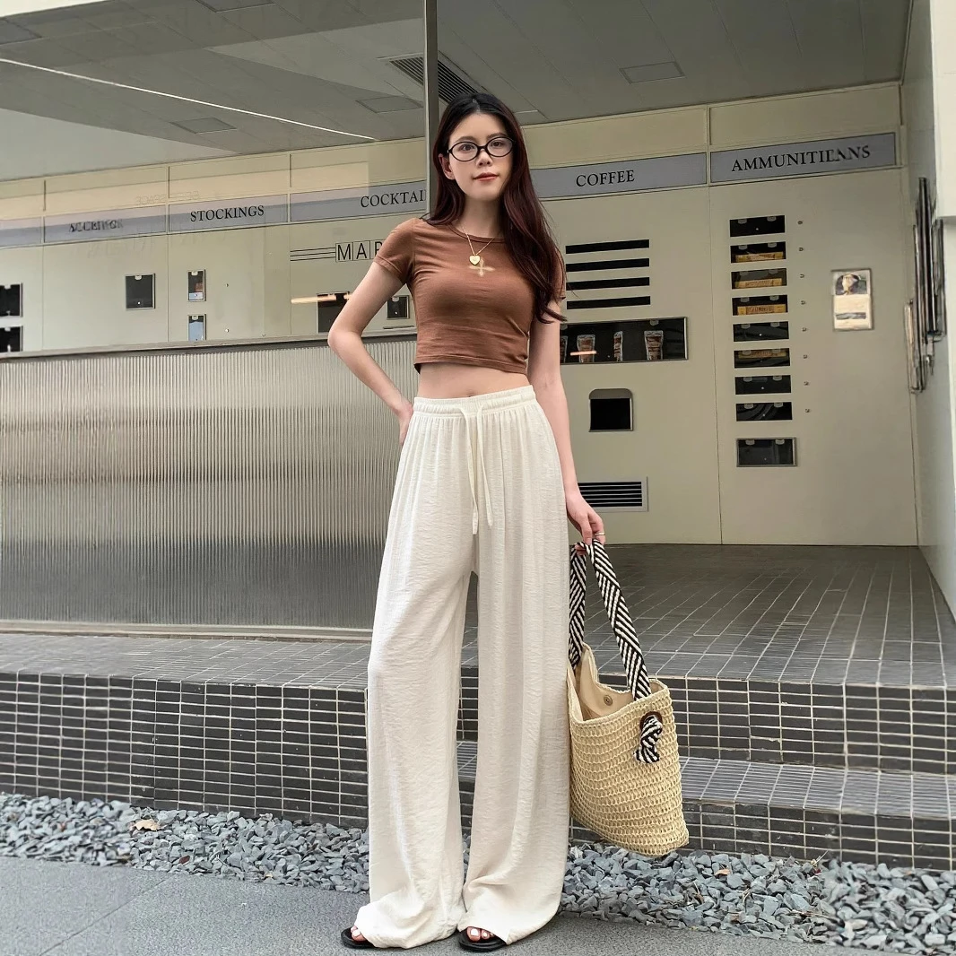冰丝亚麻阔腿裤女夏季薄款垂感慵懒宽松休闲拖地肌理感防晒裤