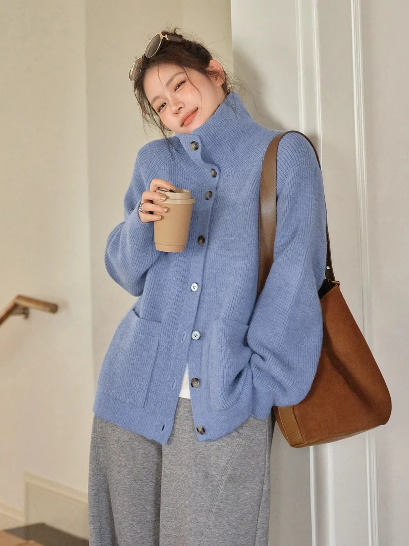2025百搭时尚简约七针宽松开衫立领针织衫2712