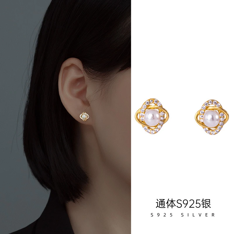925银耳饰 法式轻奢闪钻镶嵌贝珠耳钉气质简约防过敏养耳钉饰品