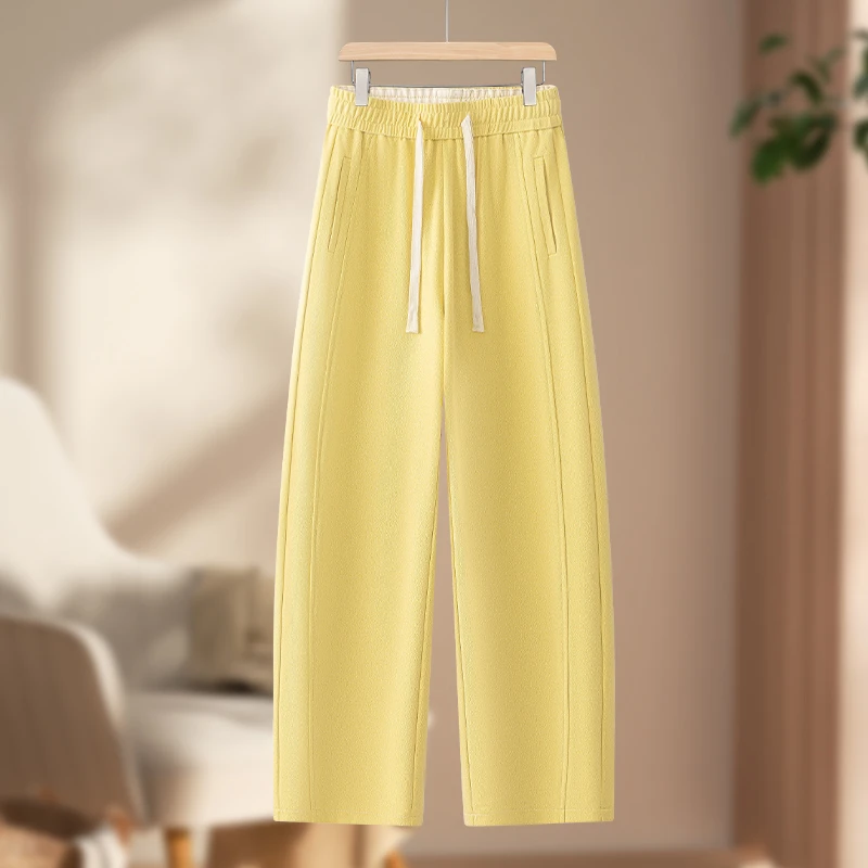 柠檬黄莫代尔弯刀阔腿休闲裤女夏季薄款2025新款高腰显瘦直筒裤子