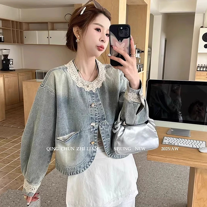 2025早春新款韩版蕾丝花边拼接牛仔外套女设计感小众宽松显瘦上衣