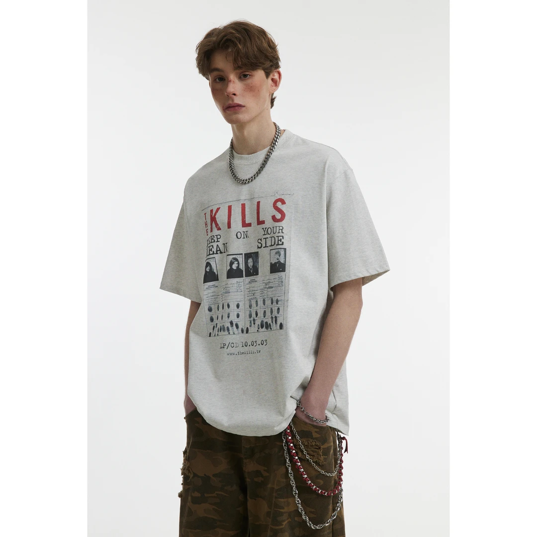 男道美式复古字母印花设计感做旧短袖T恤男女宽松情侣嘻哈上衣潮