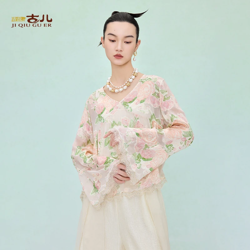 吉丘古儿山栀V领提花上衣国风轻薄衬衫甜美可爱风格衣服G251Y040