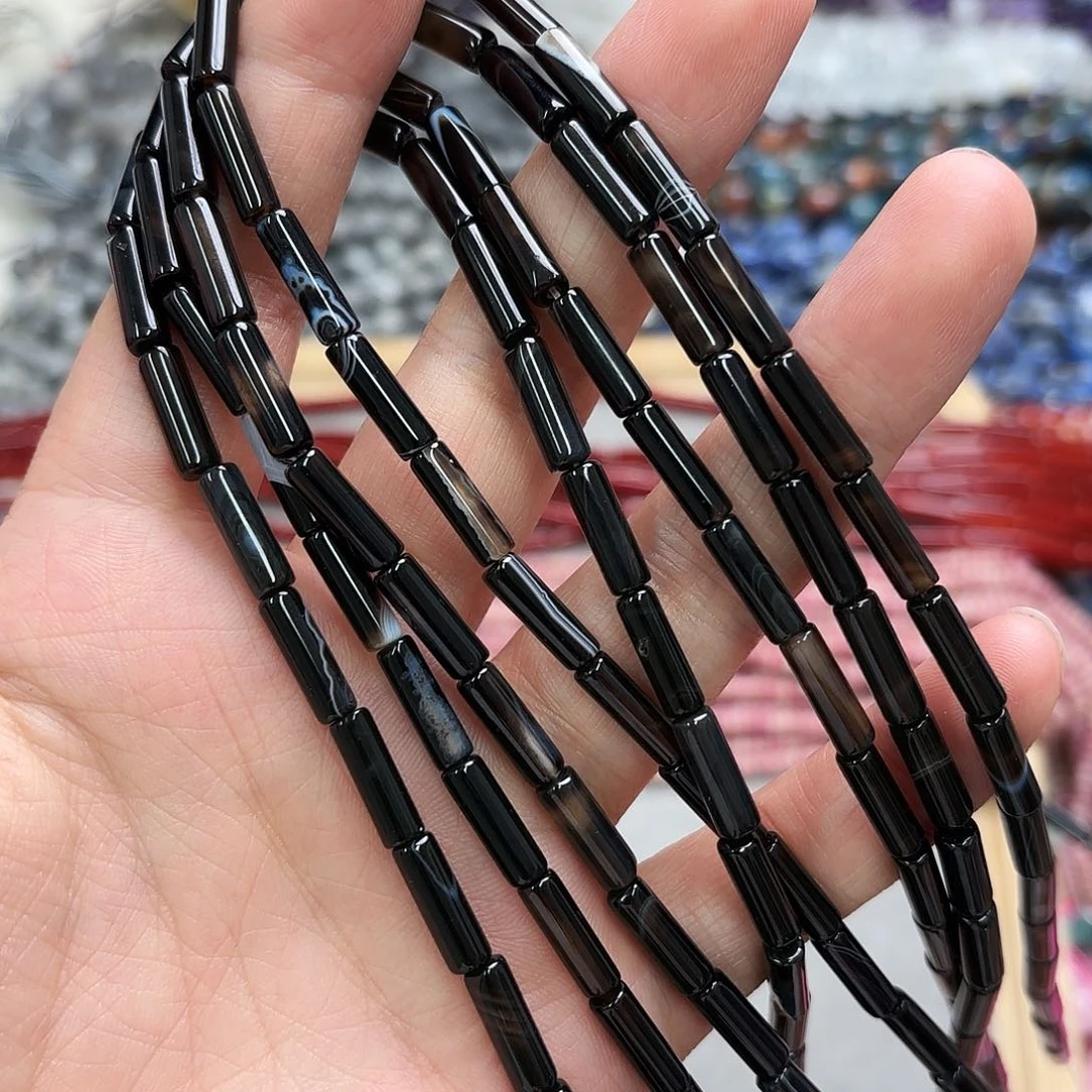玛瑙/玉髓未镶嵌珠宝半成品413黑玛圆管一条