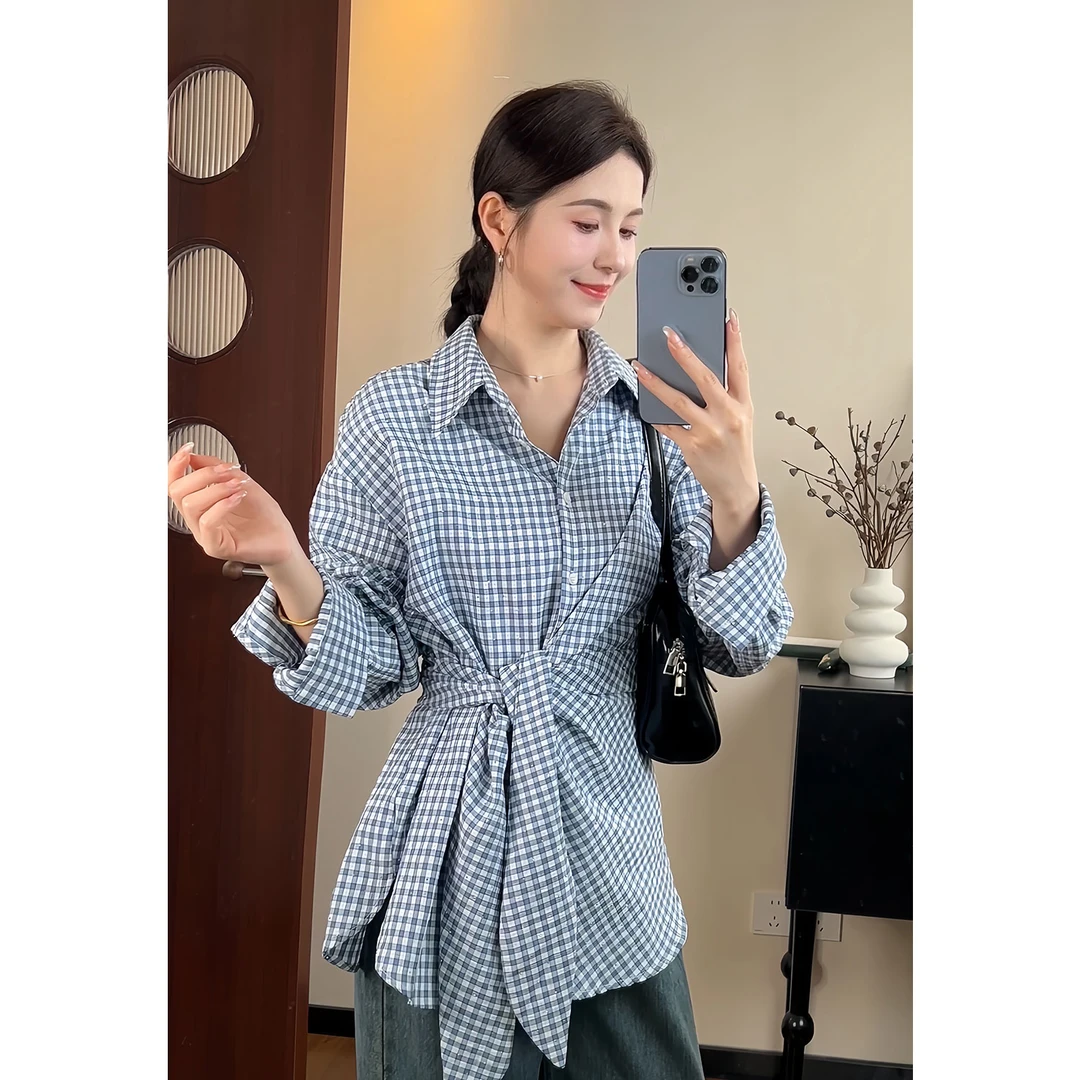 【海豚专属】小众设计感格子系带收腰显瘦百搭衬衫