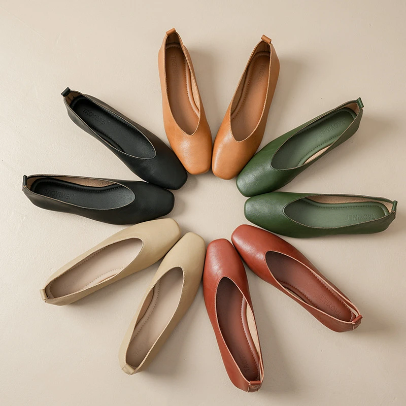 真皮V口新款小方头百搭低跟女鞋方网红春夏浅口网红真皮软底