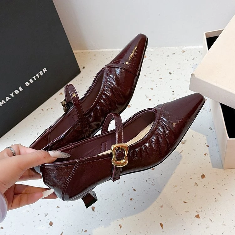 单鞋气质时尚法式粗跟高跟尖头浅口跟鞋气质时尚法式粗跟高跟尖头