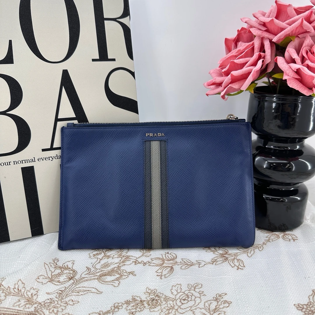 95新 Prada/普拉达 9191/蓝色拼皮手拿包